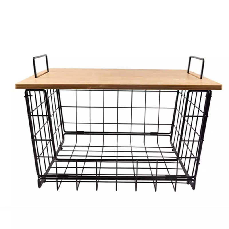 简约铁艺带木板储物篮创意家居杂志衣物水果收纳筐带手提置物篮