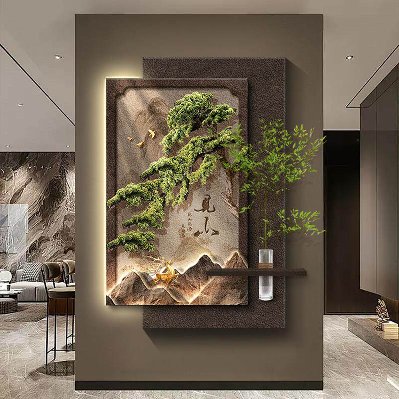 松木入口装饰画高端立体壁灯水培绿色植物山水画入口门走廊过道挂