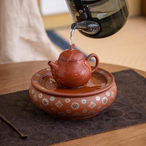 朱泥茶盘宝相可纹传家用陶瓷蓄茶水统壶承轻奢OMY干泡盘台壶承储
