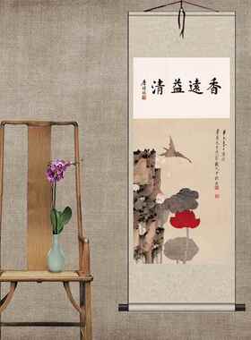 高档水墨荷花画中大国画卷轴花挂画家装绢鸟古玩香礼品张千礼品画