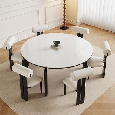 法户式复古ORK圆奶油实木风岩板餐桌伸缩折叠家用可变形桌小型饭