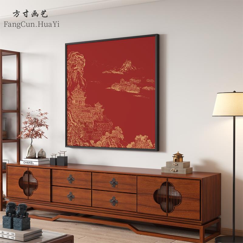 抽象阁楼山水进门玄关装饰画新中式客厅挂画高端酒店别墅方形壁画图片