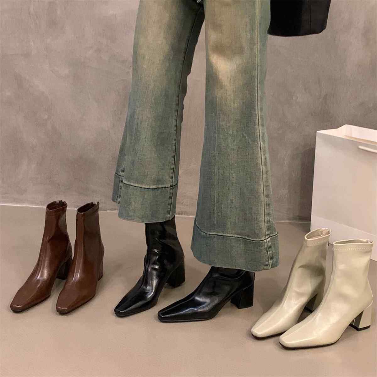 高跟方头棕色马丁靴女鞋2026新款春秋单靴配裙子法式小裸靴短靴子,女鞋,浅口单鞋,淘宝优惠券,粉丝福利购,淘宝优惠卷