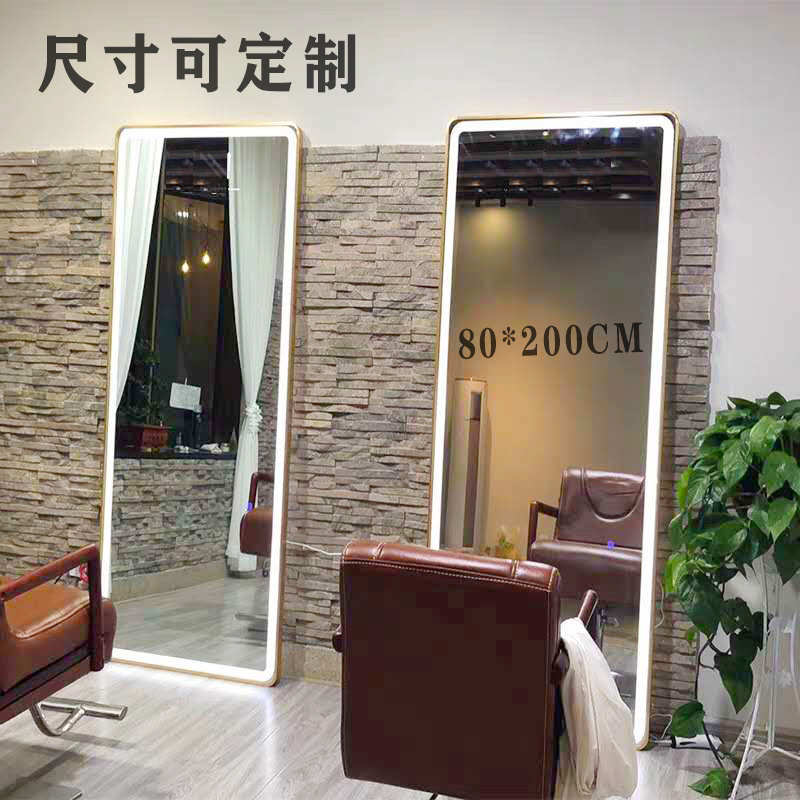 理发店镜台发廊镜专用网红LED触摸镜子带灯潮挂墙单面美发镜