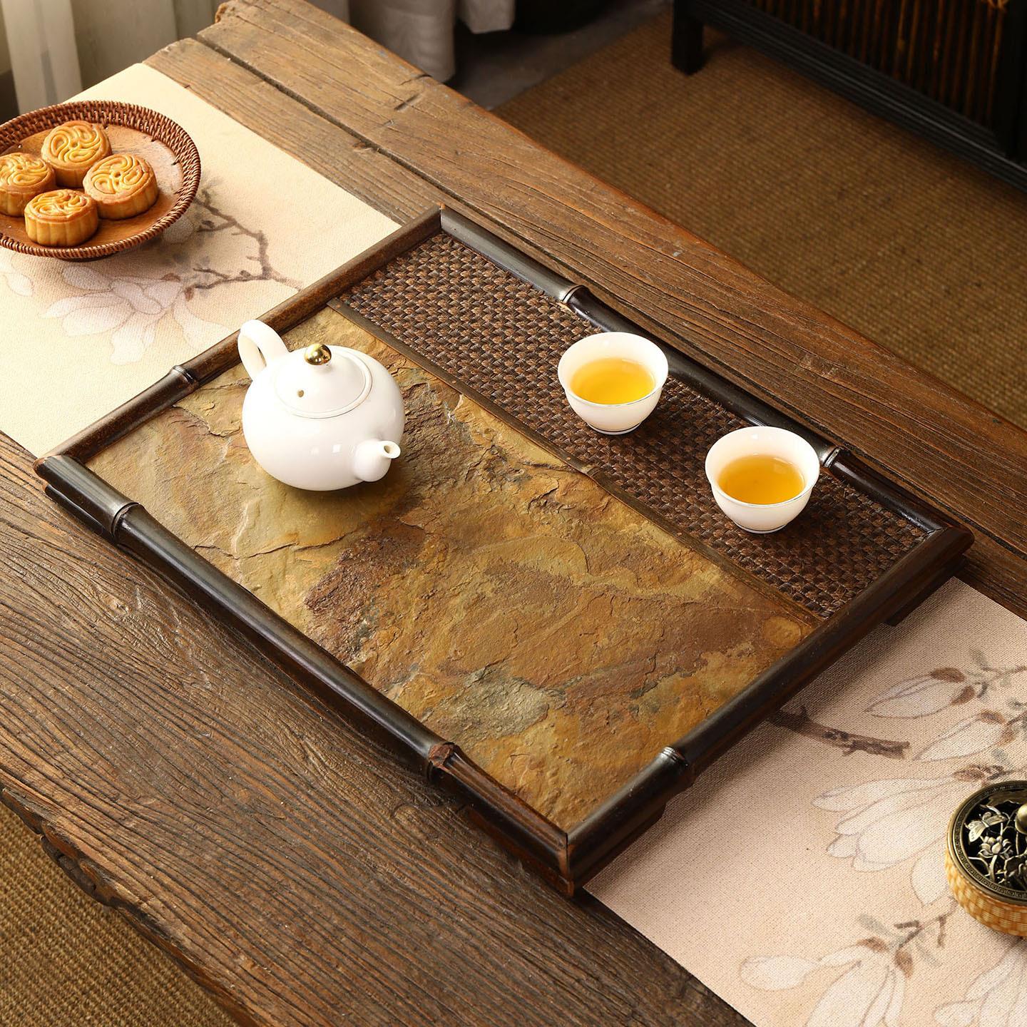 竹制品 竹石面茶盘 新款复古竹编茶台干泡台茶盘奉茶盘茶具收纳盘