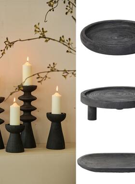 新中式覆古侘寂风黑色碳化实木蜡烛台摆件样板间餐桌托 托盘果盘