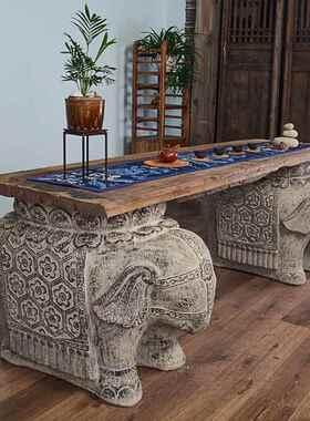 禅意大象茶桌 中式仿古老板办公桌台书桌 实木大板桌支架象墩摆件