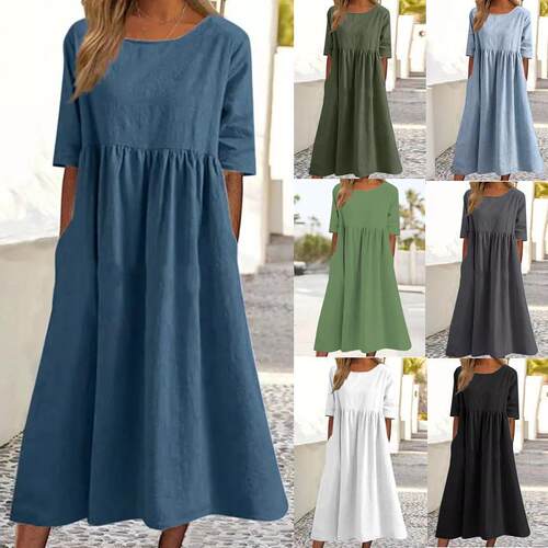 Summer New Casual Short Sleeve Pocket Fold Loose Round Neck