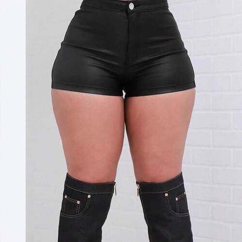Women's Plain PU Smooth High-Waisted Button Closure Shorts