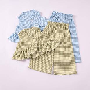 girls 2piece set summer plaid ruffle sleeveless blouse and