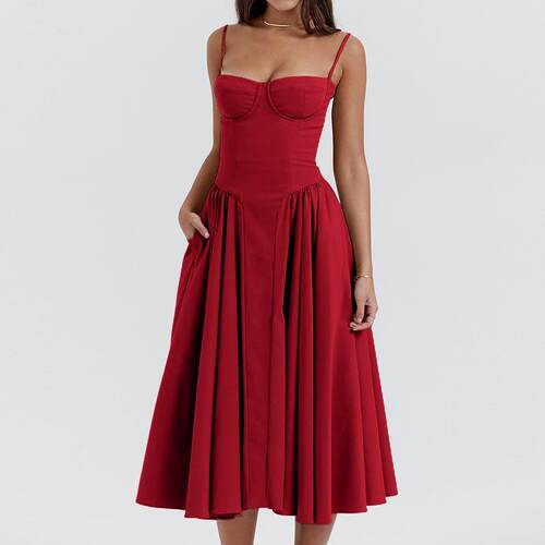 Midi Plain Color Strapless Sleeveless Dress Women Chic