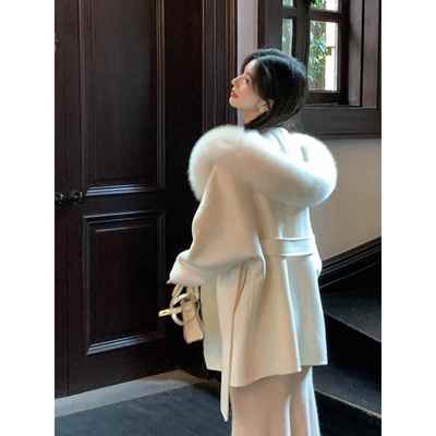 白色双面羊绒斗篷大衣女2025春秋新款高级感连帽狐狸毛羊毛呢外套