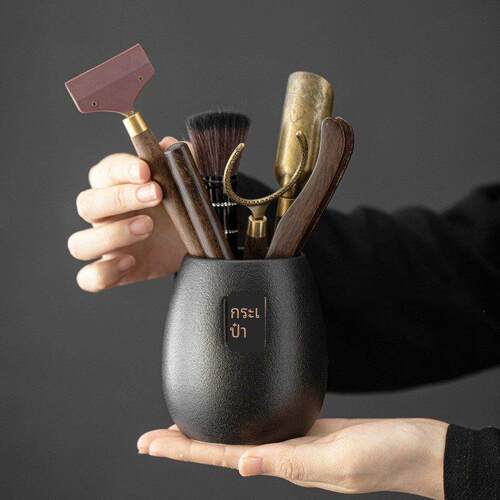 黑陶茶道六君子套装功夫茶道配件粗陶泡茶工具茶勺茶夹茶笔收纳罐