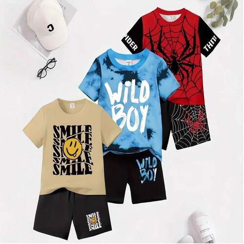 Boys' 6pcs 3-Set Digital Print Cool Casual Short Sleeve