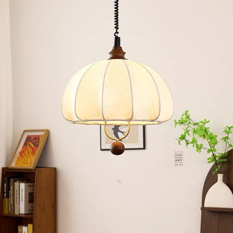 法式复古印花吊灯中古风可升降餐厅灯原木风布艺蘑菇吧台餐桌灯具