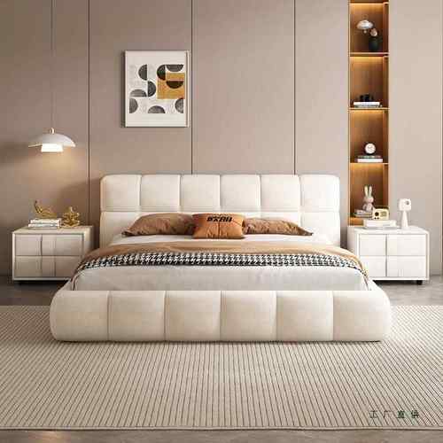 意床式极简主卧奶油风布艺人床大简约现代网红泡YIS芙麂皮绒双婚
