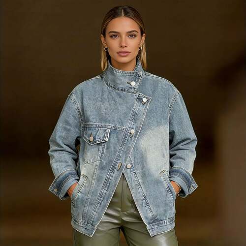 Women's Vintage Washed High Neck Asymmetric Button Loose