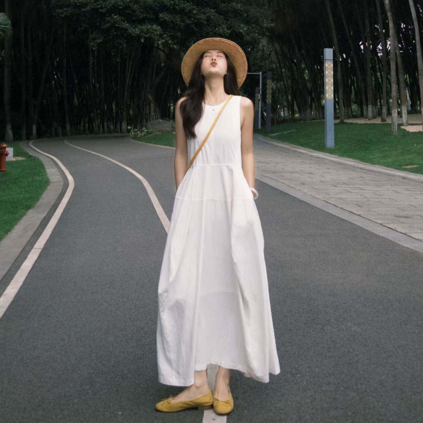 法式白色无袖背心洋装女夏季新款高级感收腰显瘦小个子气质长裙