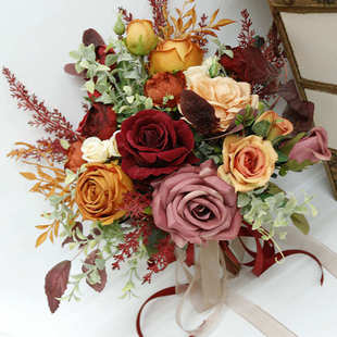 艺雅阁 608家居花艺婚礼焦糖酒红色玫瑰仿真花花束新娘手捧花