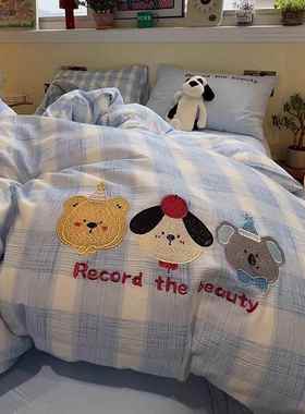 代HCX简约风格物全棉双层布纱蓝色格子可爱动三小只贴绣现床上四