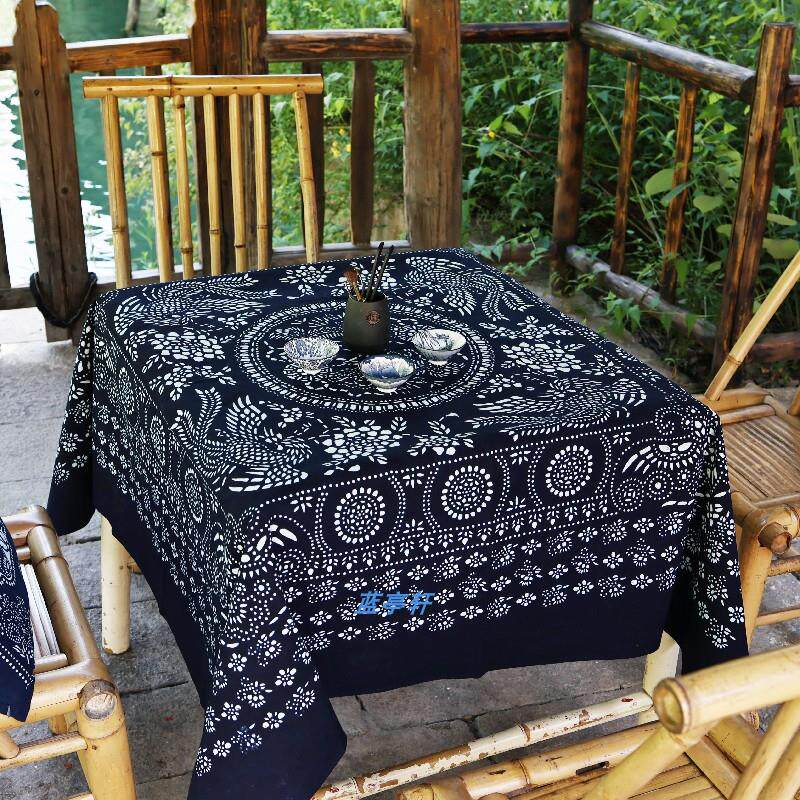 双面植物蓝染 手工蓝印花布方桌布140*140 民宿中式台布 厚款