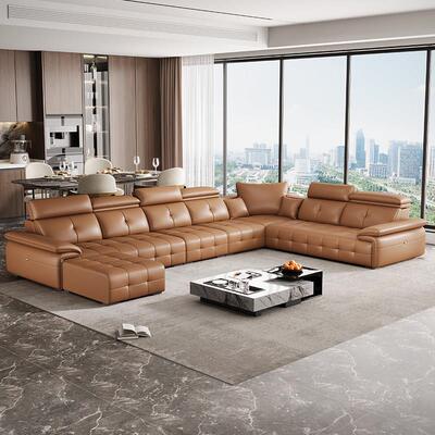帝乐曼沙发意式极简真皮沙发客厅大坪数轻奢棕色皮艺沙发直排沙发