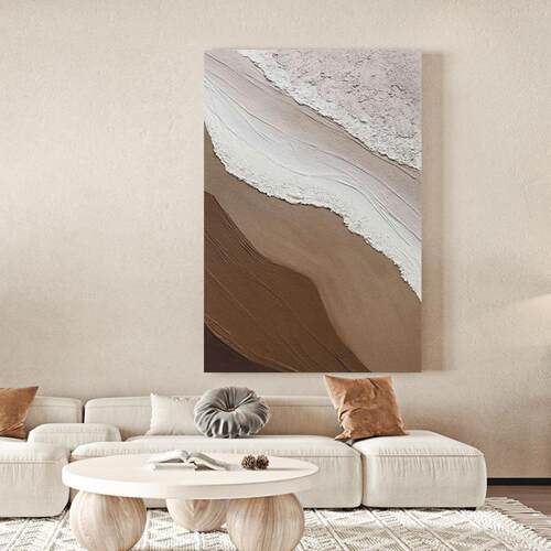 温柔的海中古风客厅无框画手绘玄关装饰画奶油风过道海浪肌理挂画