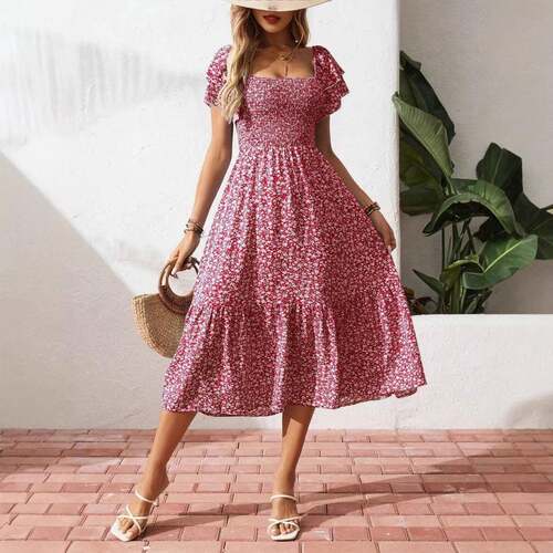 Square Neck Puff Sleeve Floral Dress Long Dress Summer Daily