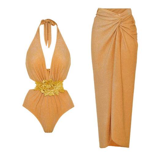 Golden shiny one-piece swimsuit set, women's neck hanging