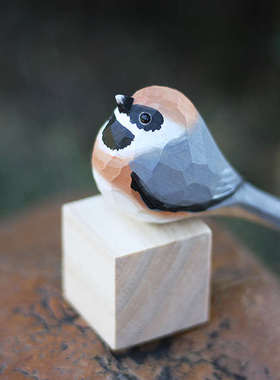 鹿妖商店 肥啾 木雕小鸟 礼物 红头长尾山雀 纯手工 实木桌面摆件