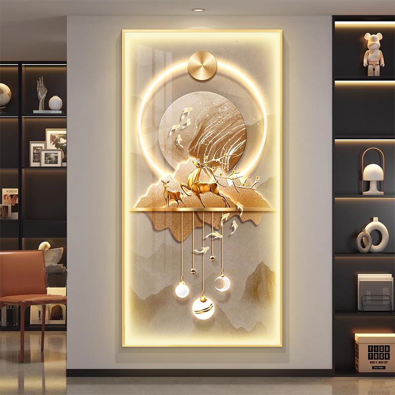 正对门入户玄关装饰画竖版挂画走廊过道新中式高级感福鹿发财树图片