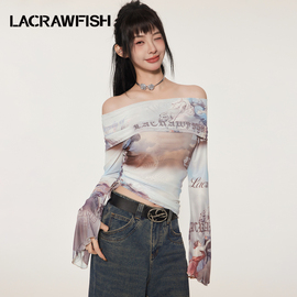 lacrawfish辣妹复古油画，天使印花紧身网纱喇叭长袖一字肩上衣女