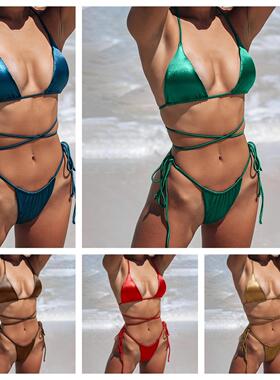 Grid chest cushion triangle swimsuit strap with glossy