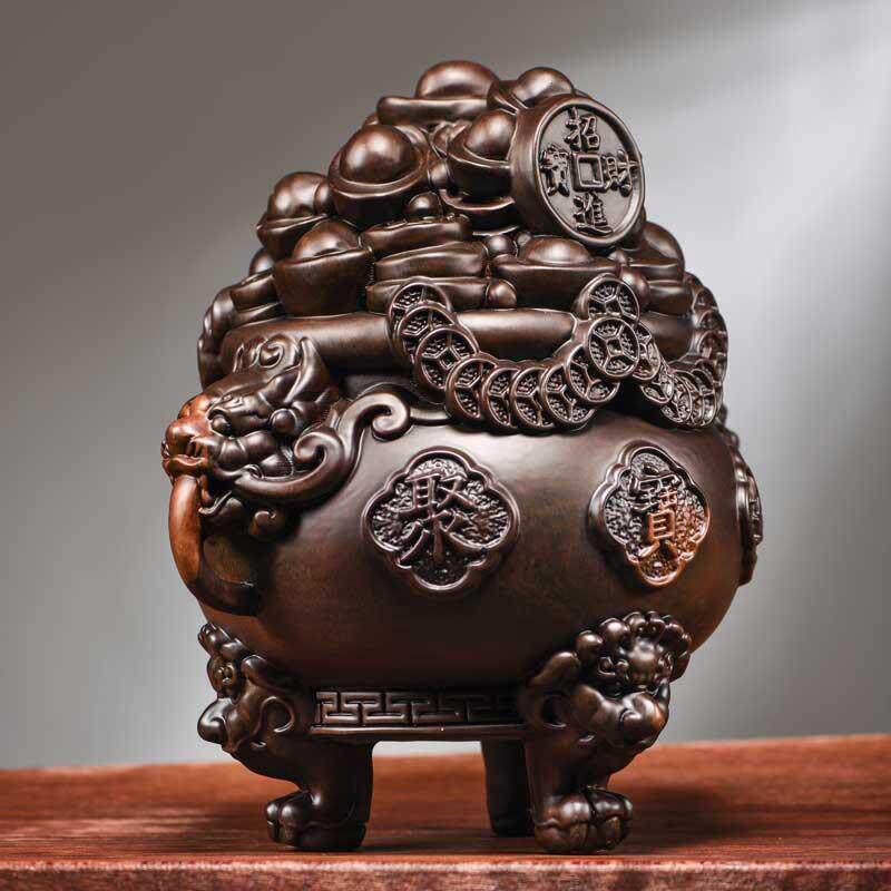 黑檀木雕聚宝盆摆件实木新中式家居客厅办公商铺新居乔迁装饰礼品