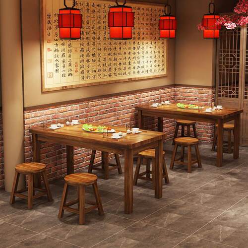 实木快餐桌椅组合饭店餐厅早餐小吃店面馆桌椅火锅烧烤桌碳化桌椅