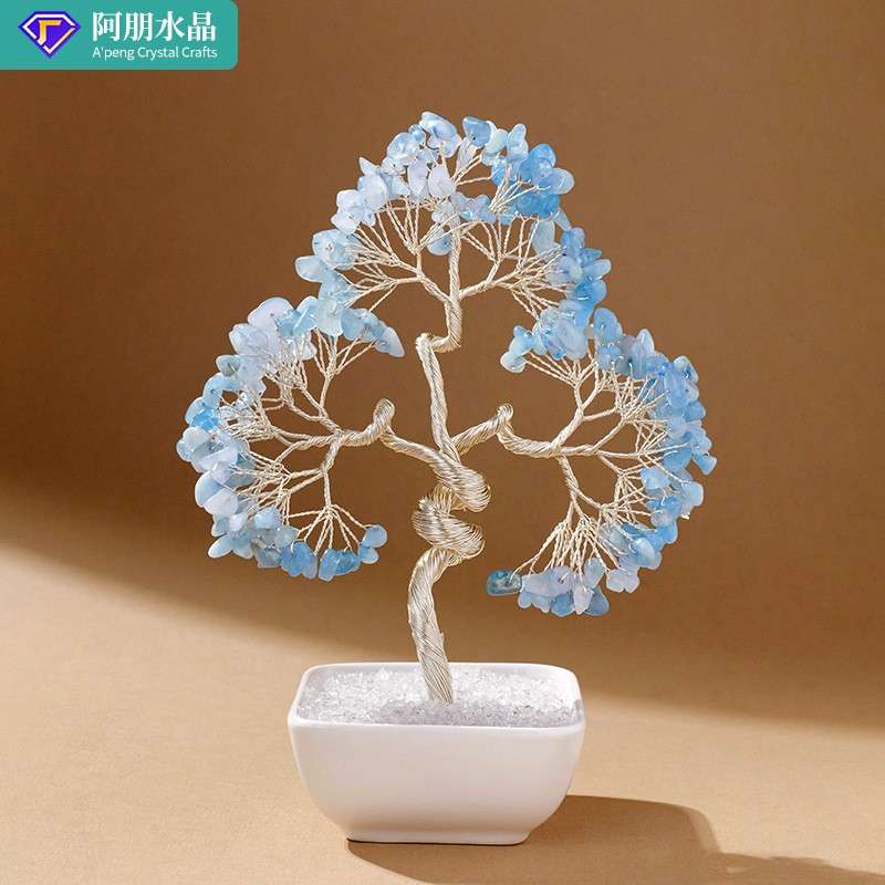 天然水晶海蓝宝生命树陶瓷底座水晶生命树创意水晶发财树招财摆件