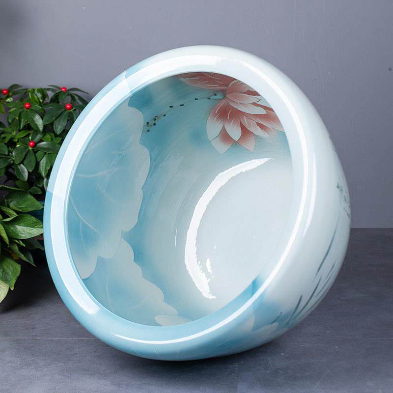 陶瓷鱼缸浅蓝水缸养鱼阳台睡莲荷花缸室外庭院陶瓷大缸鱼缸大水缸