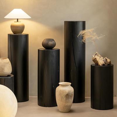 叕也 侘寂风木墩花架摆件沙发边几民宿软装家具碳化黑色根雕凳子