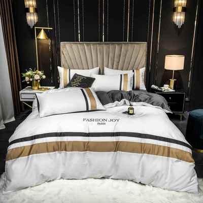 60支长绒棉拼接绣花素色四件套床单全棉网红新款床上用品缎纹工艺