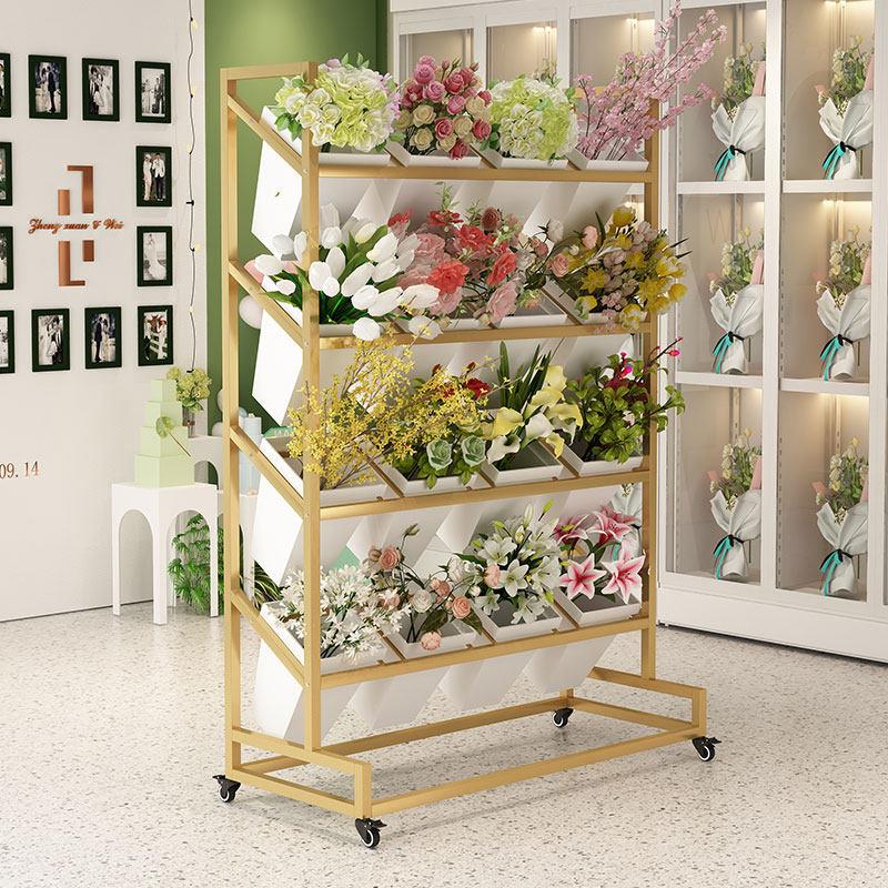 鲜花架可移动摆摊花店铁艺醒花花桶冷柜架子万向轮多层收纳展示架