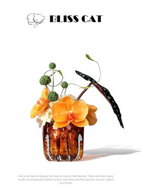 现代轻奢琥珀色玻璃小花瓶插花客厅茶几洽谈桌小桌花软装花艺摆件