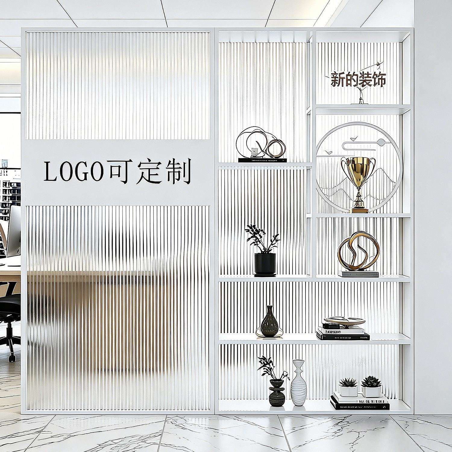 隔公司景墙前台log公o玻璃背断置物架办室玻璃隔断屏风酒店收纳柜