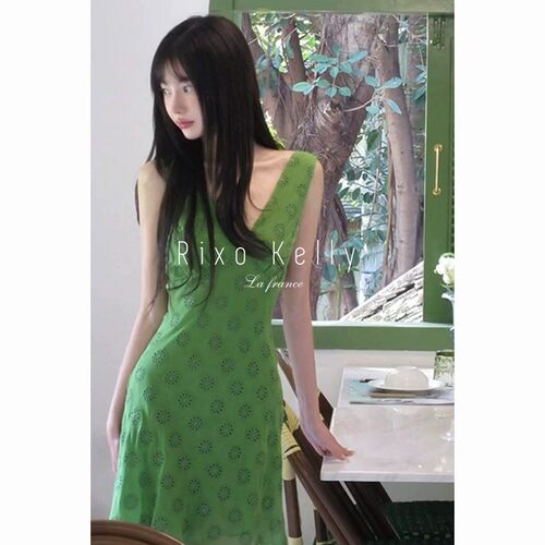 Rixo Kelly复古绿色V领无袖连衣裙女夏收腰显瘦修身吊带裙包臀裙