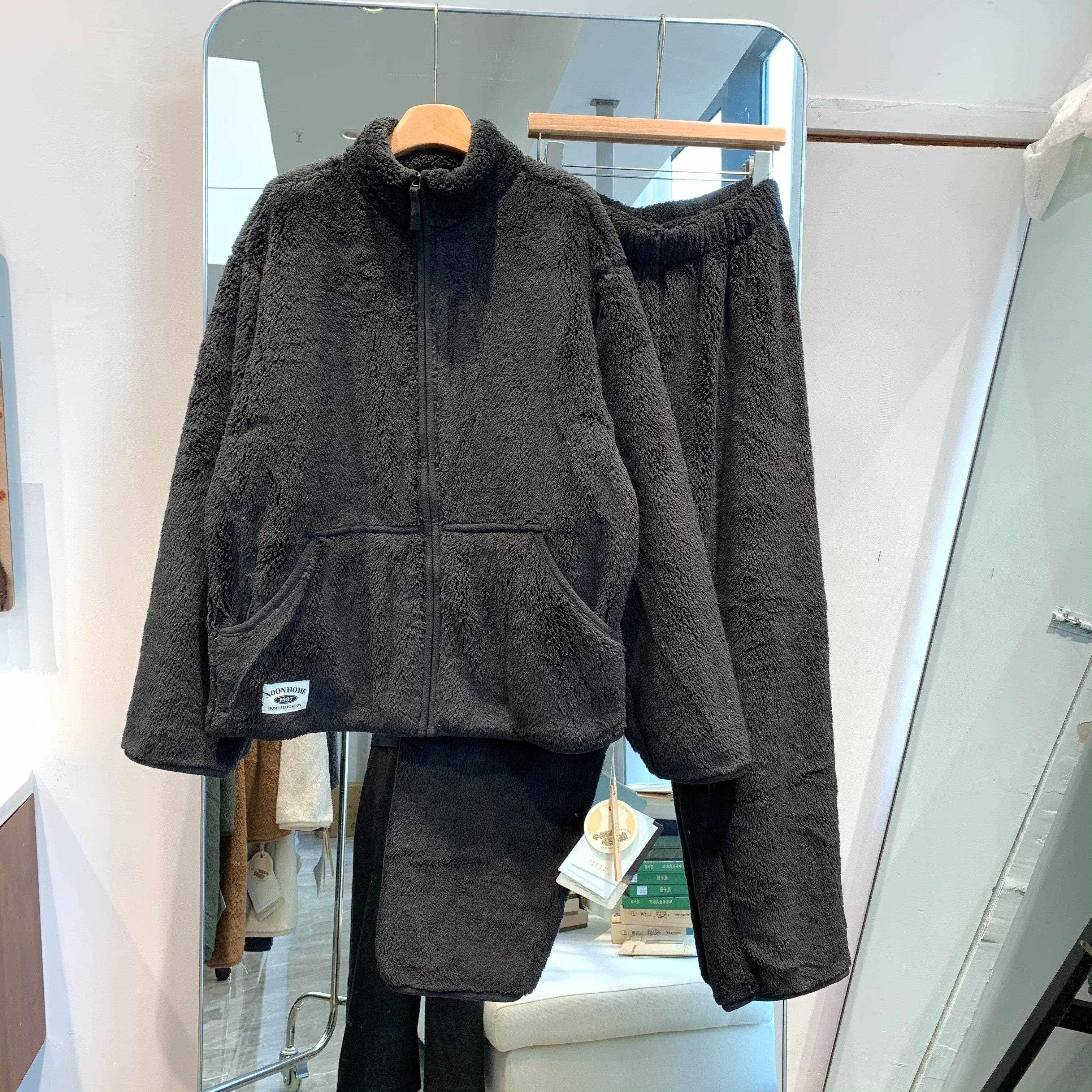 韩版潮流男士简约立领拉链珊瑚绒睡衣冬季休闲外穿加绒加厚家居服