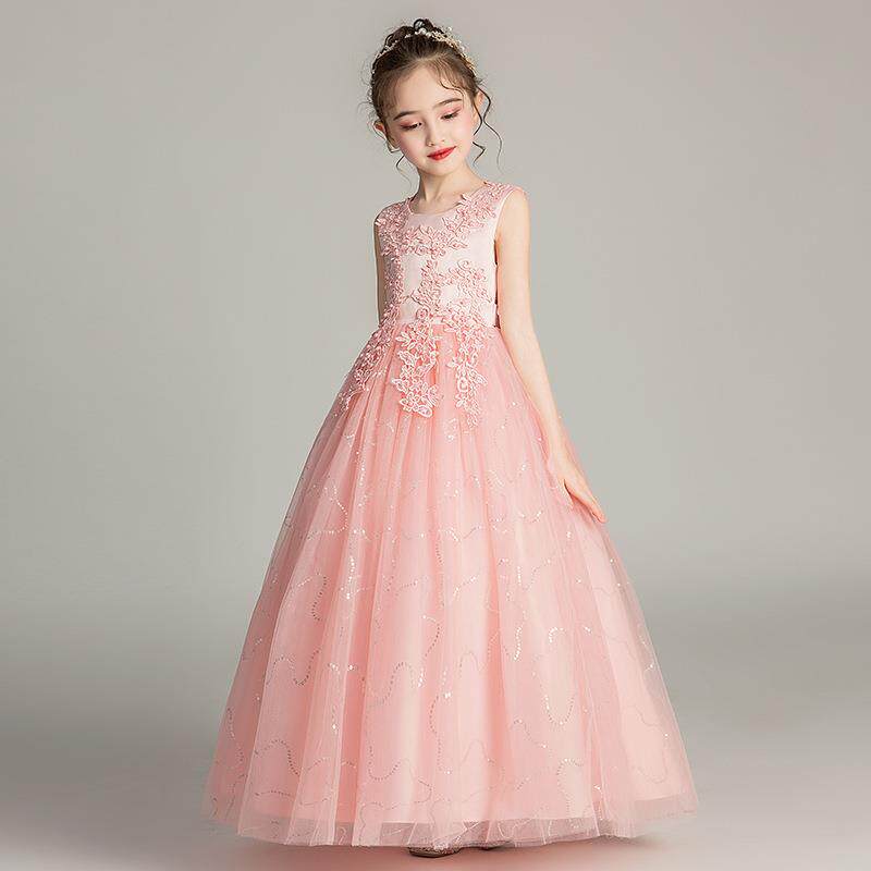 高档儿童婚纱礼服裙蓬红色生日蓬主六持公主裙中童女大童一钢琴演