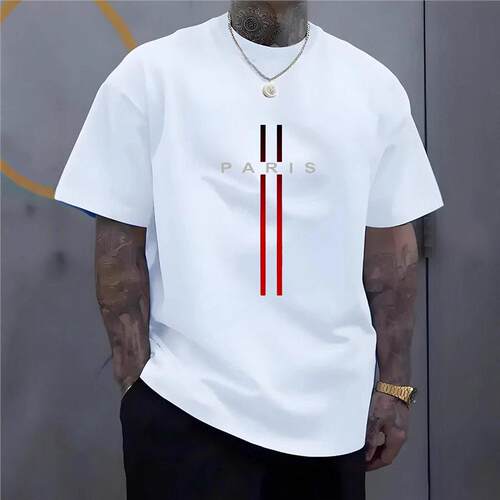 mens paris graphic print cotton tshirt round neck slightly