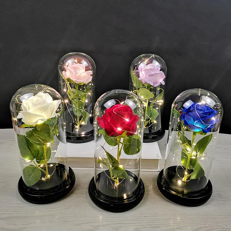 新款直销永生花玻璃罩金箔花带led灯小王子玫瑰花圣诞节摆件跨境