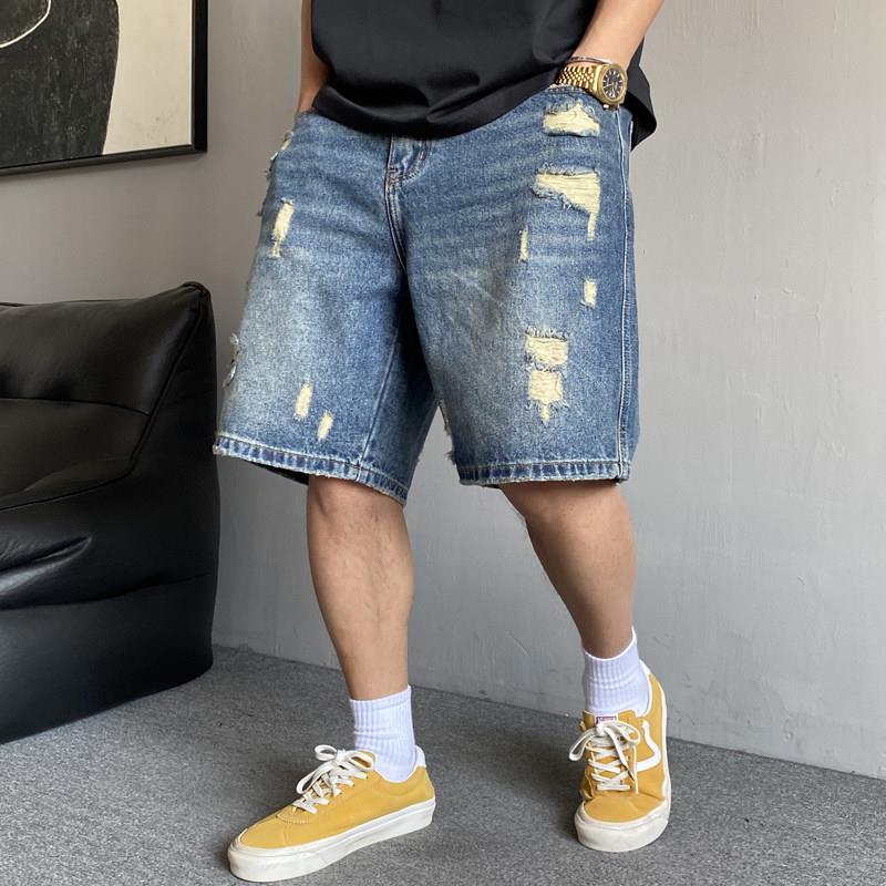 夏季美式休闲痞帅复古做旧破洞牛仔短裤男直筒宽松高街五分裤子潮