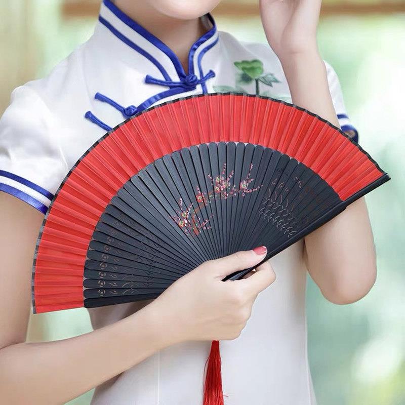 扇子古风汉服女旗袍走秀小折扇古典舞蹈中国风红色跳舞折叠扇流苏