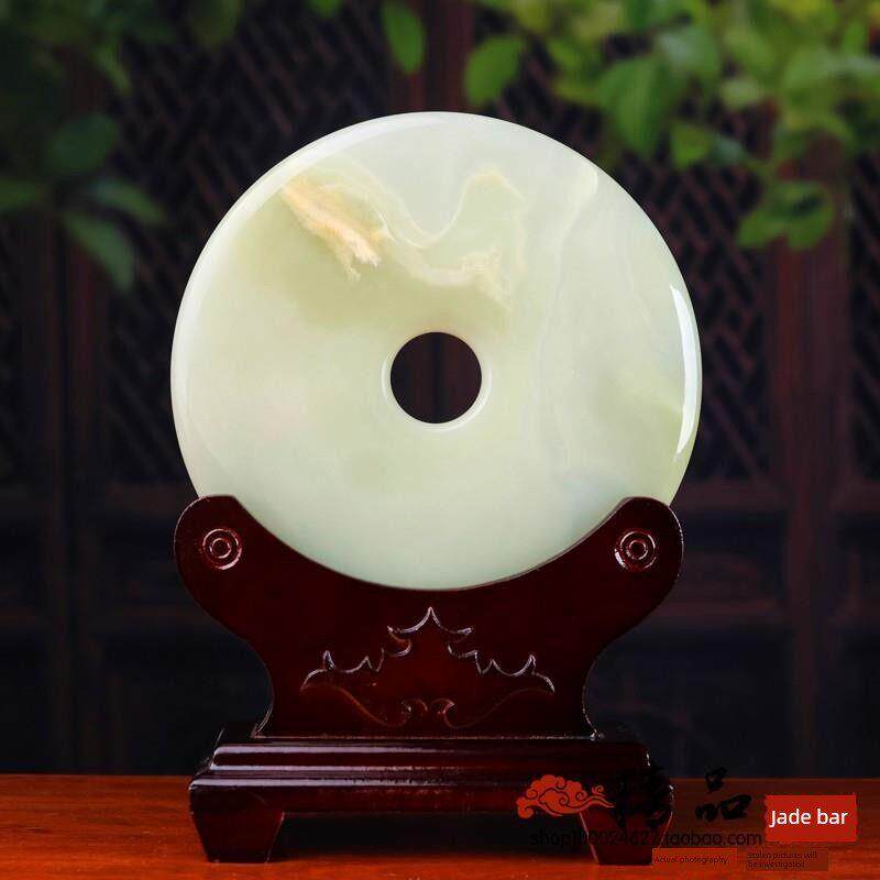 天然阿富汗玉石平安扣摆件玉扣玉璧青玉中式家居玄关装饰摆件礼品